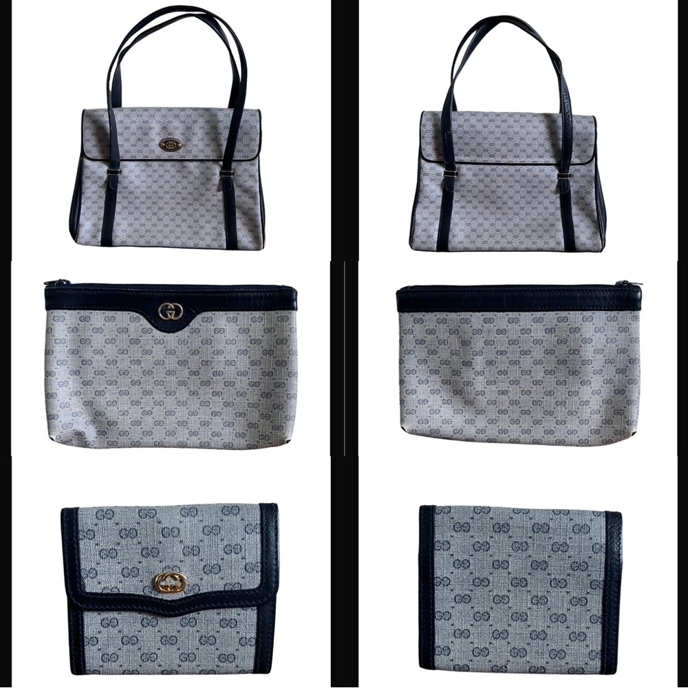 Gucci • 3pc Set Authentic Vintage Navy Blue Micro GG Handbag Purse Pouch Wallet - Picture 3 of 16